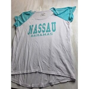 Liquid Energy Nassau Bahamas Raglan T-Shirt Teal White Boho Y2K Women Small